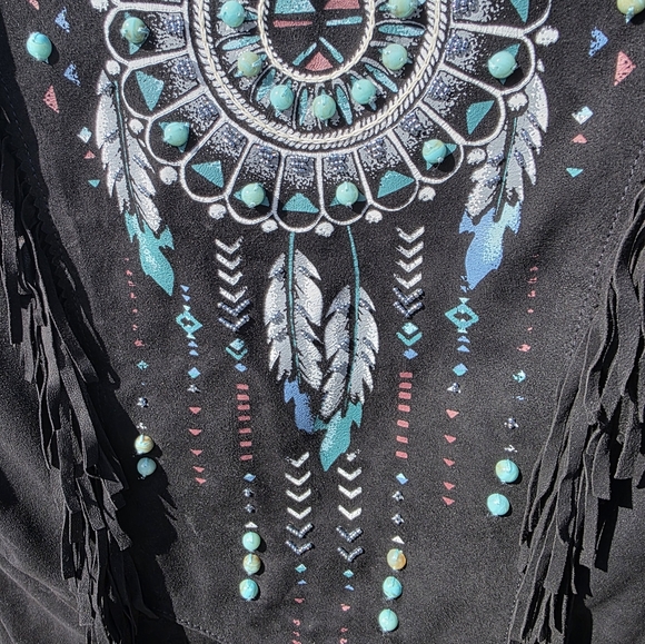 Double D Ranch Black Leather Jacket with Blue Stone and Embroidery Zuni Dreams - Picture 9 of 14